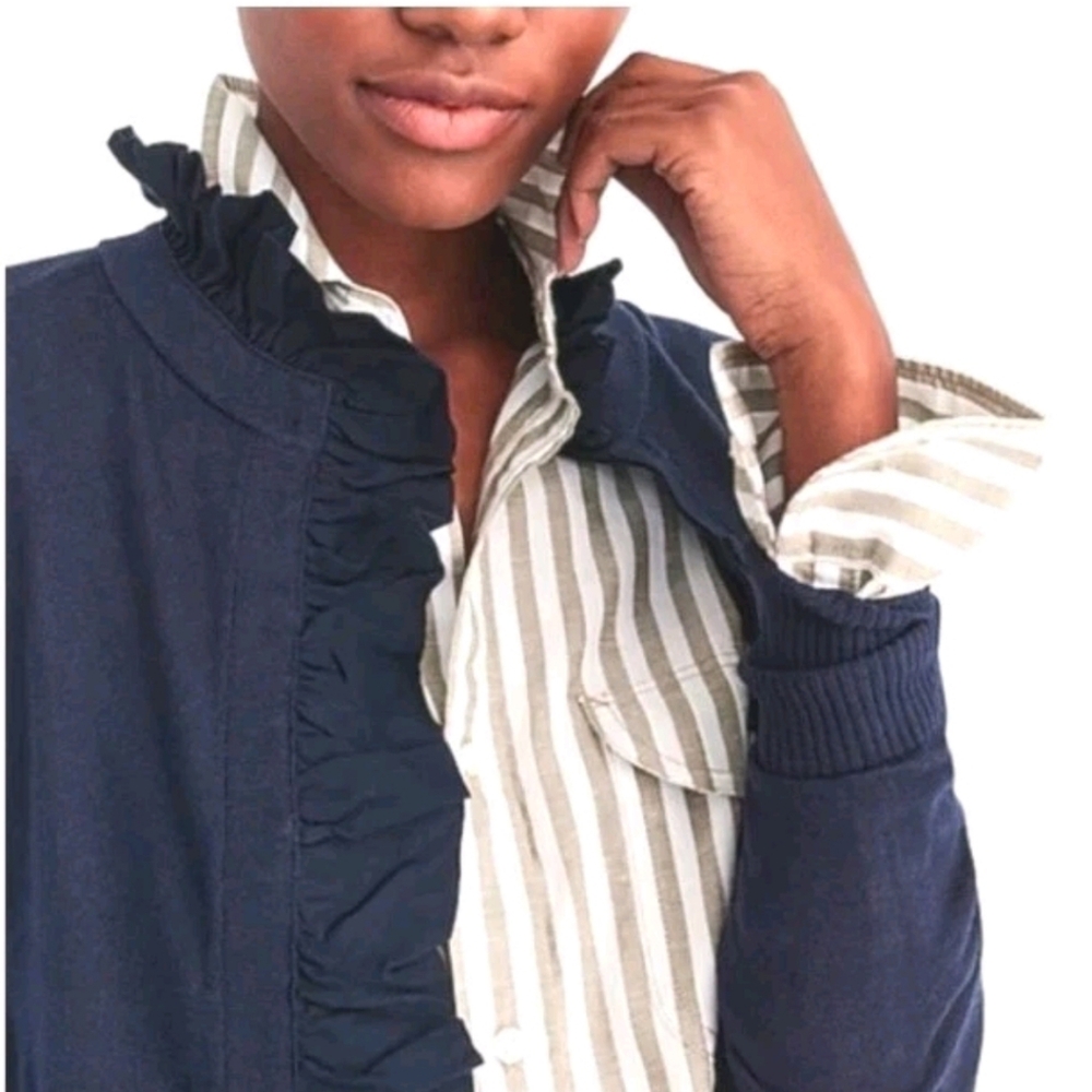 J Crew Merino Wool Ruffled Mockneck Cardigan Fitted Sweater Slim Large Navy Nwt - Picture 4 of 16